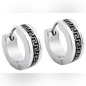 BLACKJACK Mens 14mm Black And Stainless Steel Greek Key Hoop Earrings